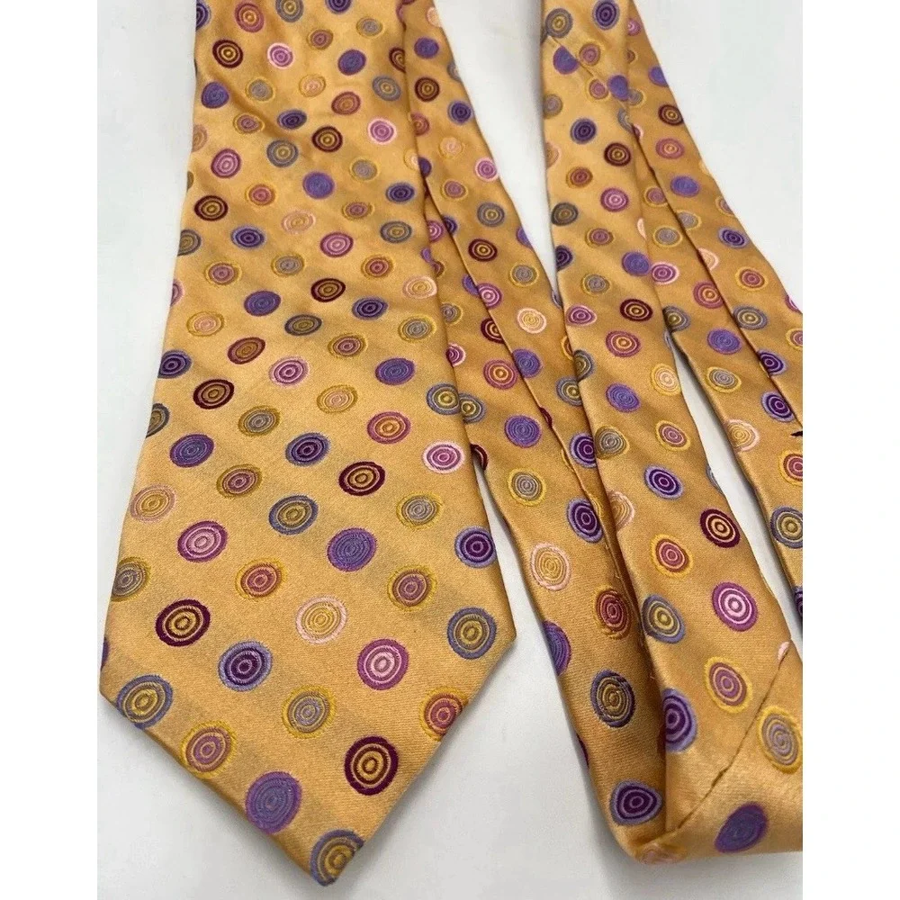Ted Baker Mens 100% Silk Woven Neck Tie Yellow Orange‎ Multicolor Circles